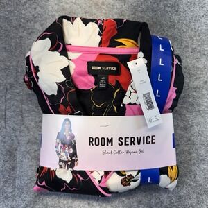 Room Service Pajama Set Women Large L Shawl Collar 2pc Black Floral Blossom